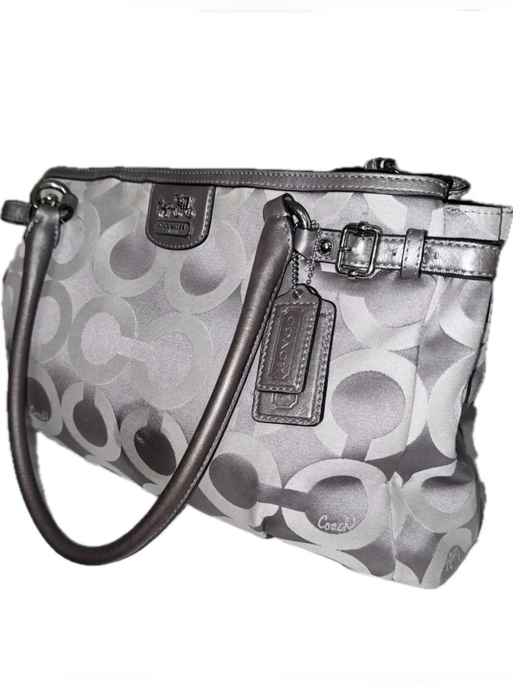 Coach Madison Op Art Kara Carryall Handbag 2012 Silver & Grey w 2-Hangtags - GUC